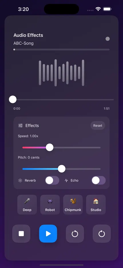 AudioEffectsPlayer screen with pitch, speed and effect controls